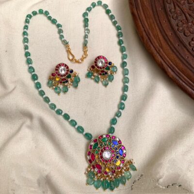 Jadau Kundan Green Beads Haaram