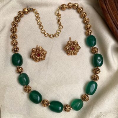 Green Pearl And Gold Flower Earrings