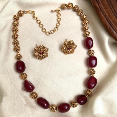 Red Pearl And Gold Flower Earrings