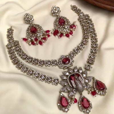 Dancing Peacock Red AD Necklace